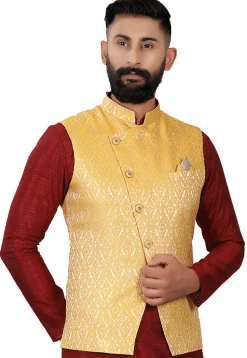 Woven Brocade Nehru Jacket in Mustard