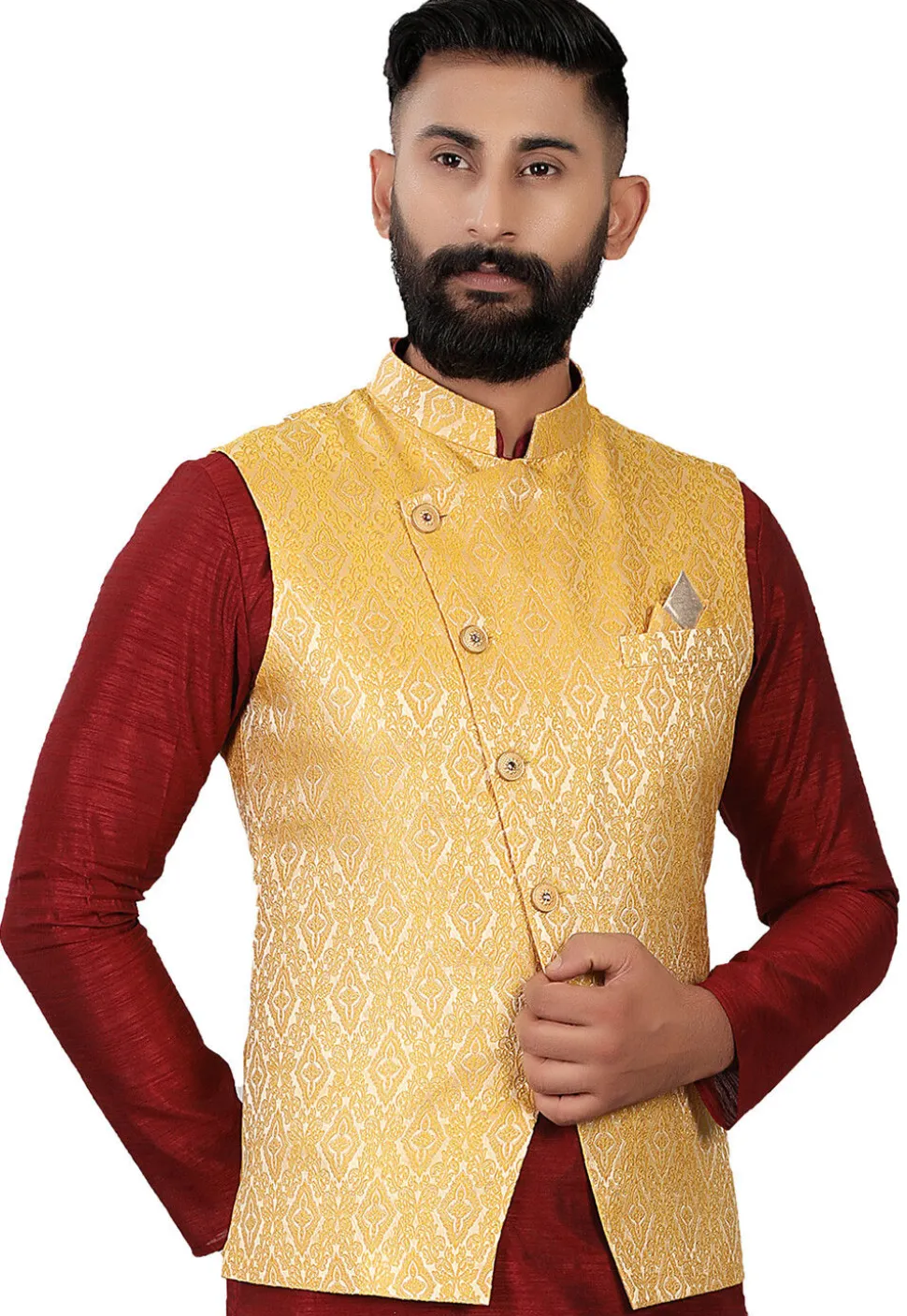 Woven Brocade Nehru Jacket in Mustard
