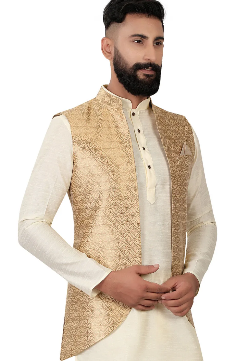 Woven Brocade Nehru Jacket in Golden