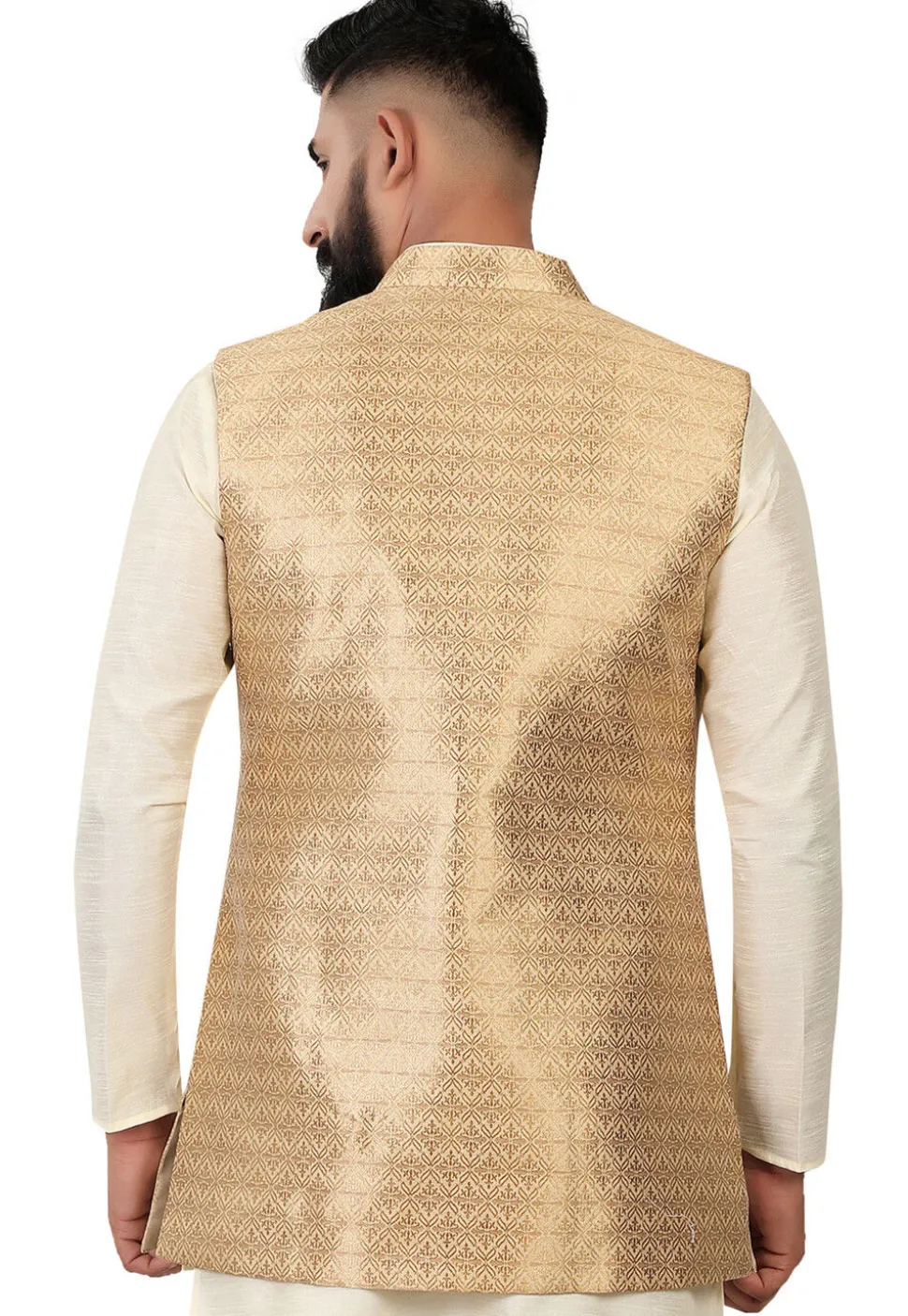 Woven Brocade Nehru Jacket in Golden