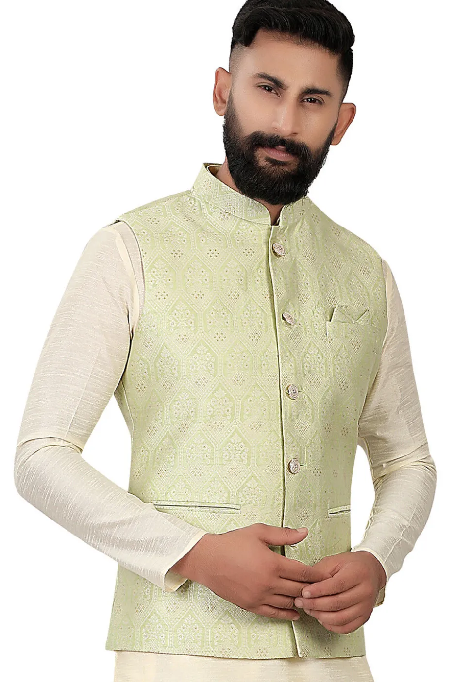 Woven Brocade Nehru Jacket in Light Green