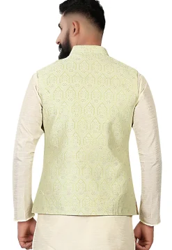 Woven Brocade Nehru Jacket in Light Green