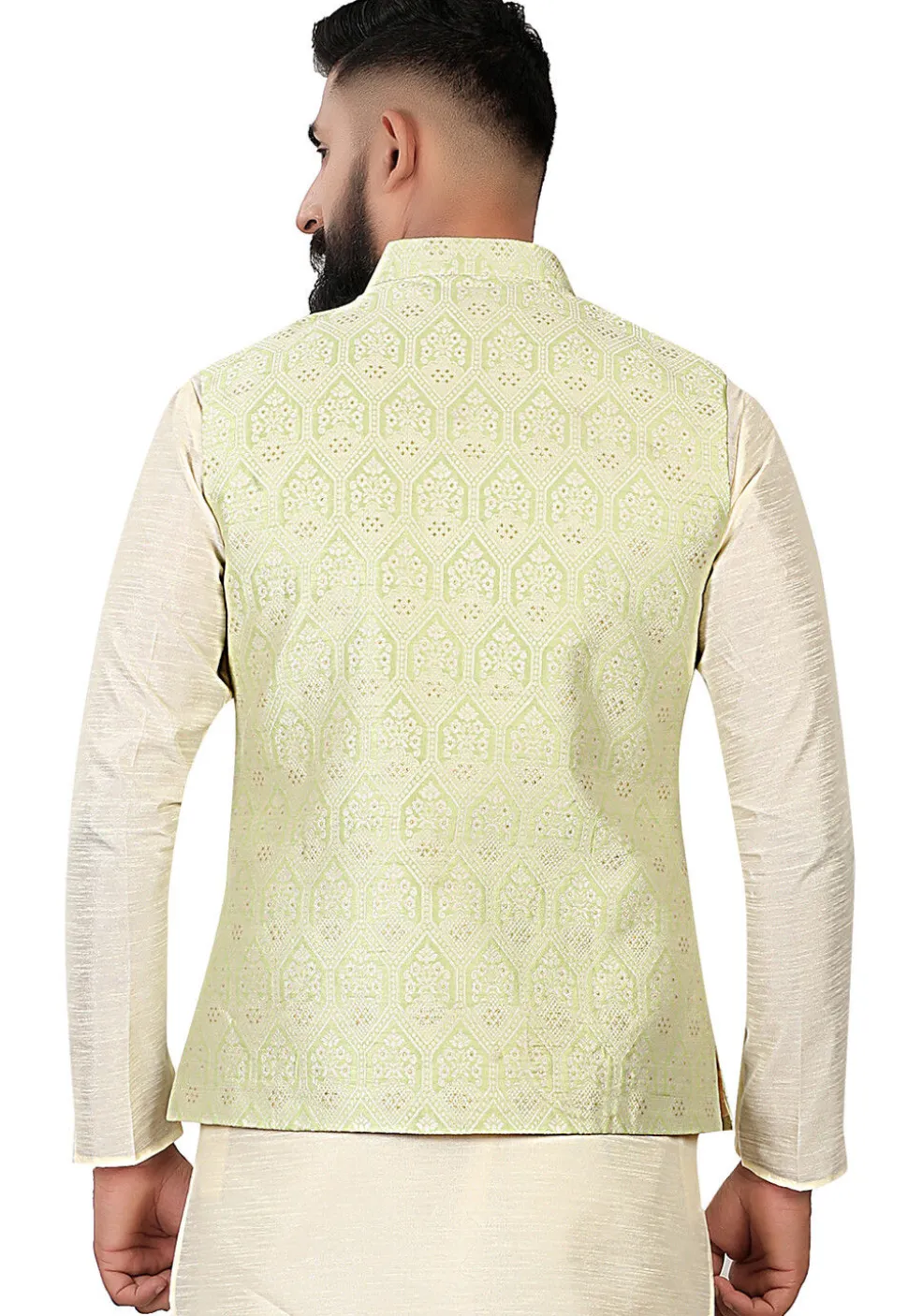 Woven Brocade Nehru Jacket in Light Green