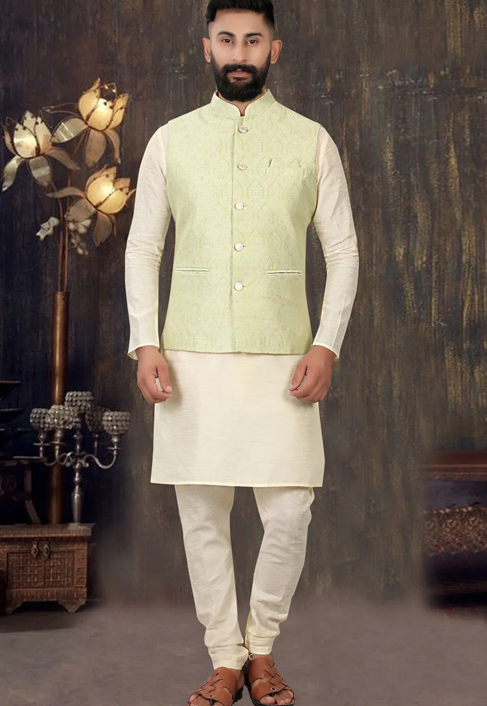 Woven Brocade Nehru Jacket in Light Green