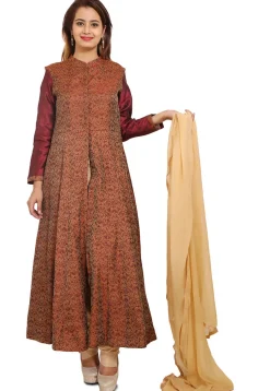 Woven Brocade Silk Anarkali Style Suit in Brown