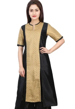 Woven Brocade Silk and Dupion Silk Kurta in Golden and Black