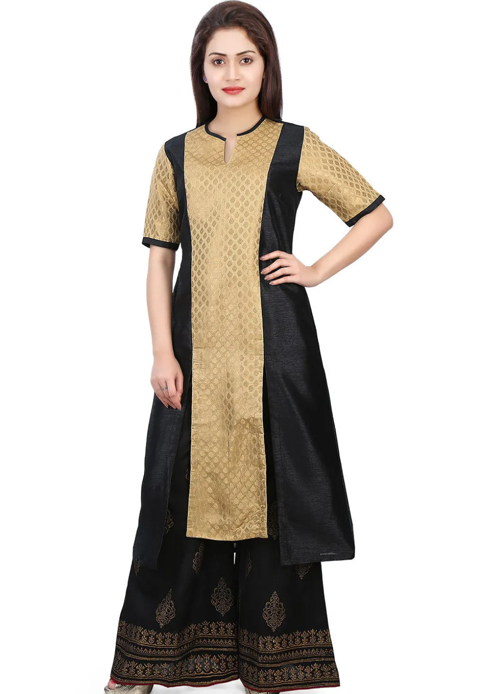Woven Brocade Silk and Dupion Silk Kurta in Golden and Black