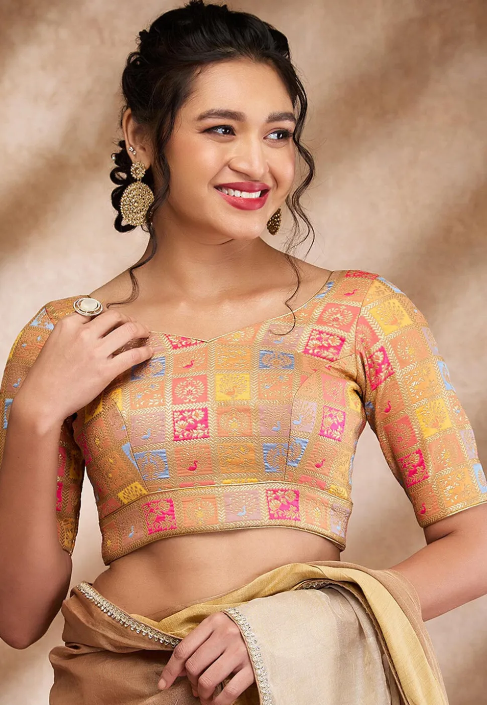 Woven Brocade Silk Blouse in Beige