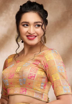 Woven Brocade Silk Blouse in Beige