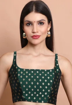 Woven Brocade Silk Blouse in Dark Green