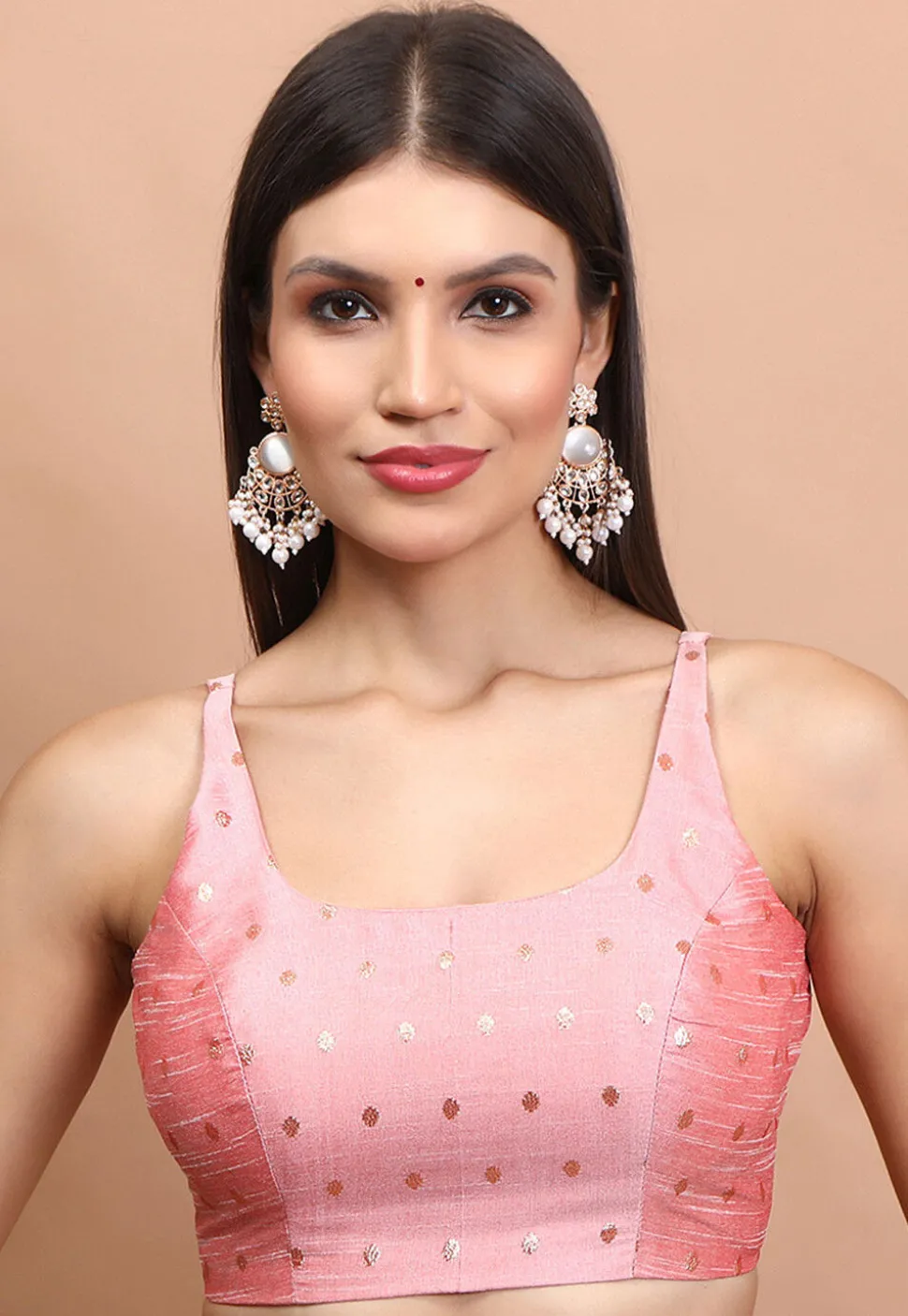 Woven Brocade Silk Blouse in Baby Pink