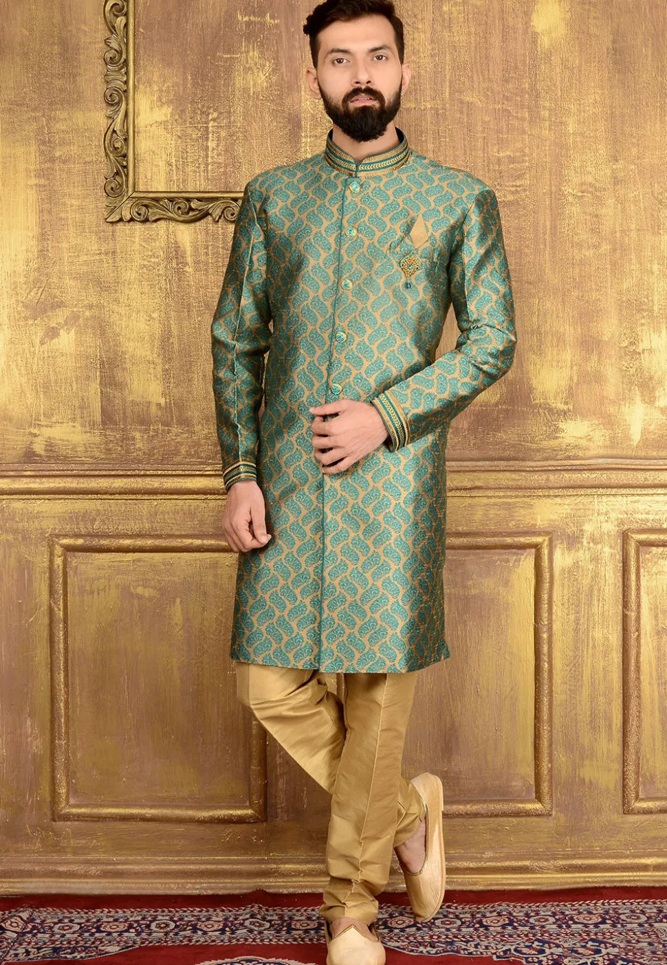 Woven Brocade Silk Sherwani in Beige and Teal Blue