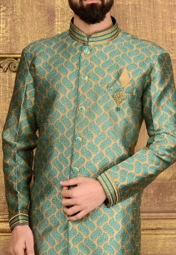 Woven Brocade Silk Sherwani in Beige and Teal Blue