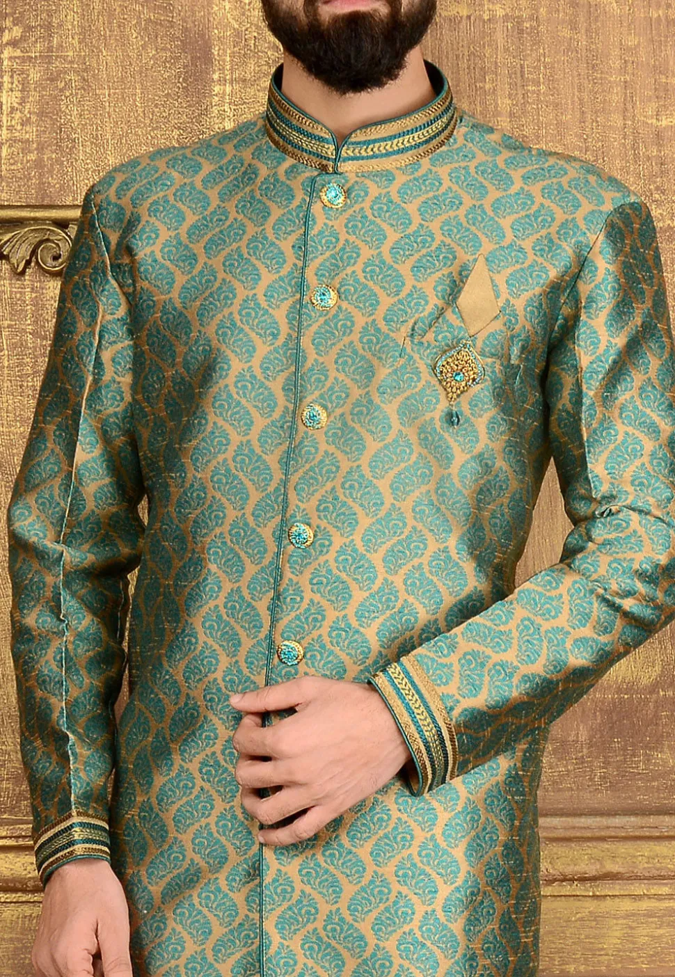 Woven Brocade Silk Sherwani in Beige and Teal Blue