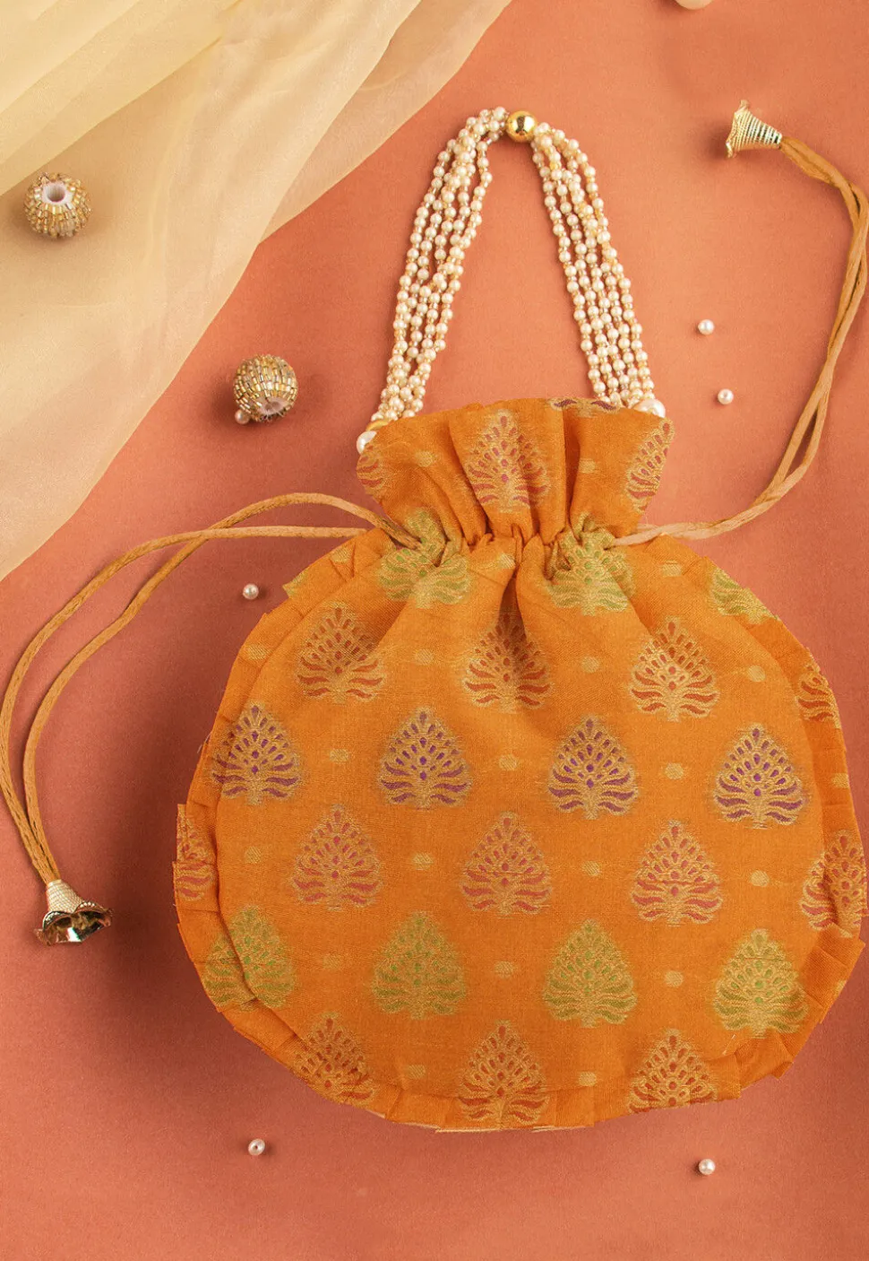 Woven Chanderi Buty Jacquard Potli Bag in Orange
