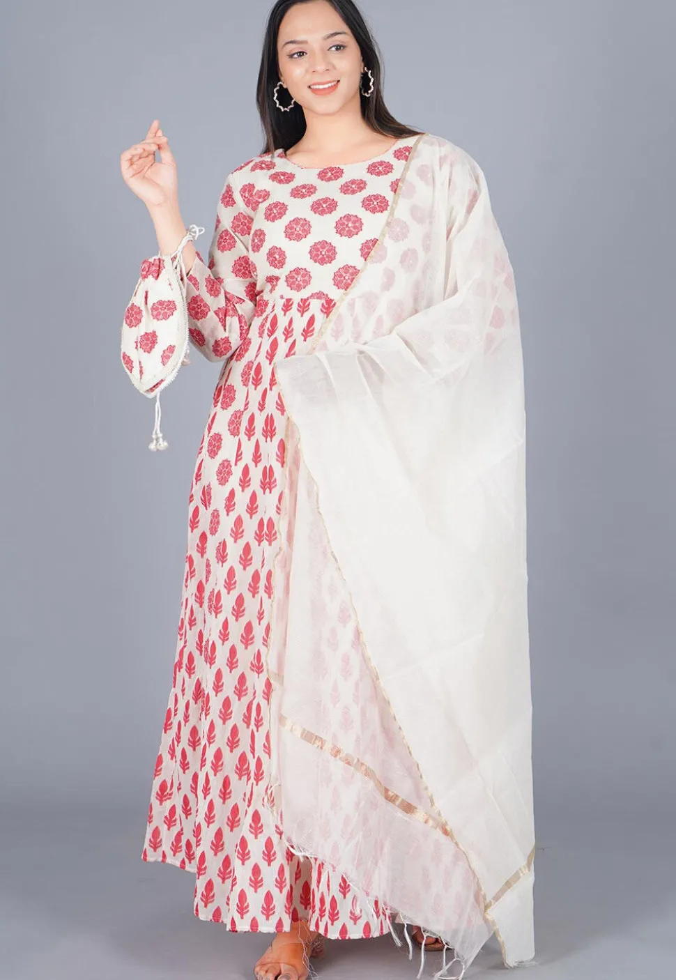 Woven Chanderi Cotton Abaya Style Suit in off White