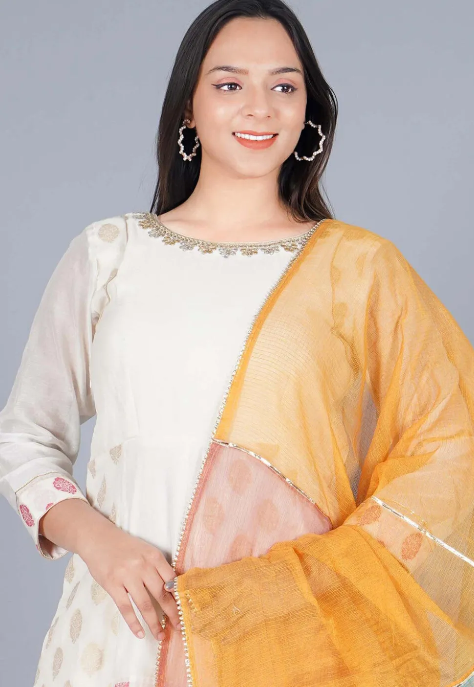 Woven Chanderi Cotton Anarkali Suit in off White