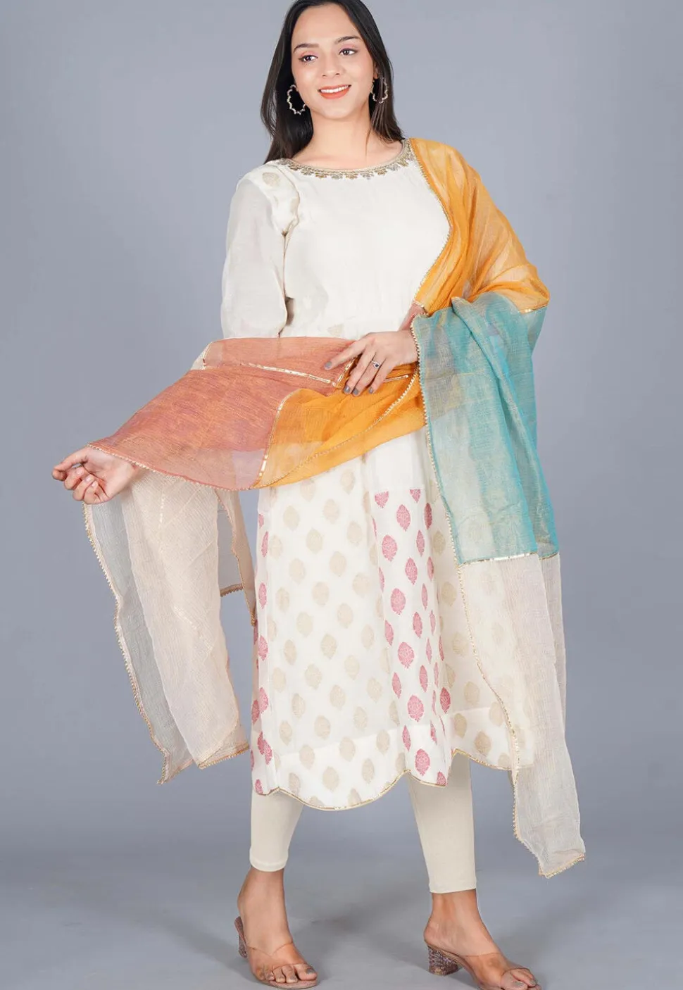Woven Chanderi Cotton Anarkali Suit in off White