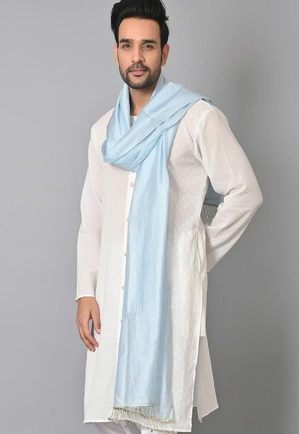 Woven Chanderi Cotton Dupatta in Pastel Blue