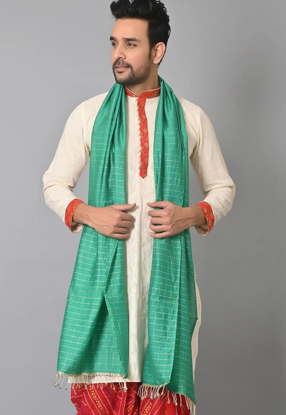 Woven Chanderi Cotton Dupatta in Teal Green