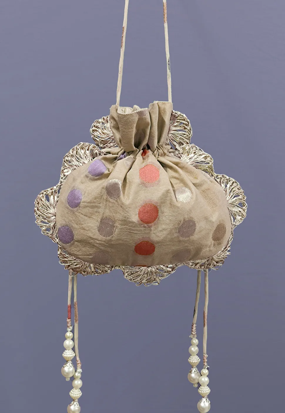 Woven Chanderi Cotton Jacquard Potli Bag in Beige