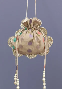 Woven Chanderi Cotton Jacquard Potli Bag in Beige
