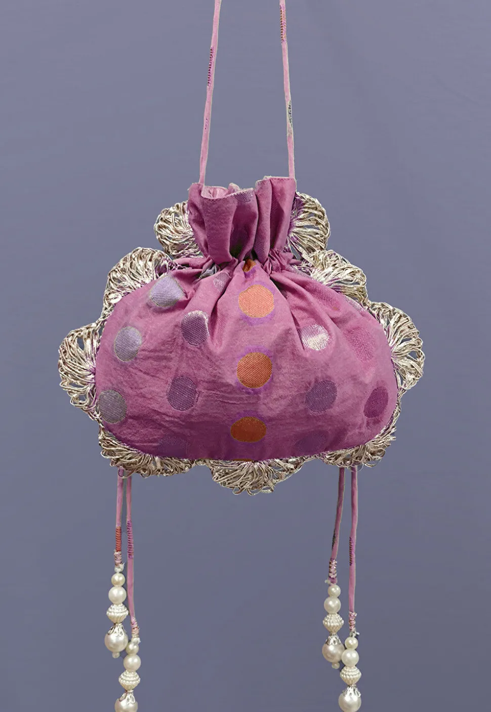 Woven Chanderi Cotton Jacquard Potli Bag in Purple