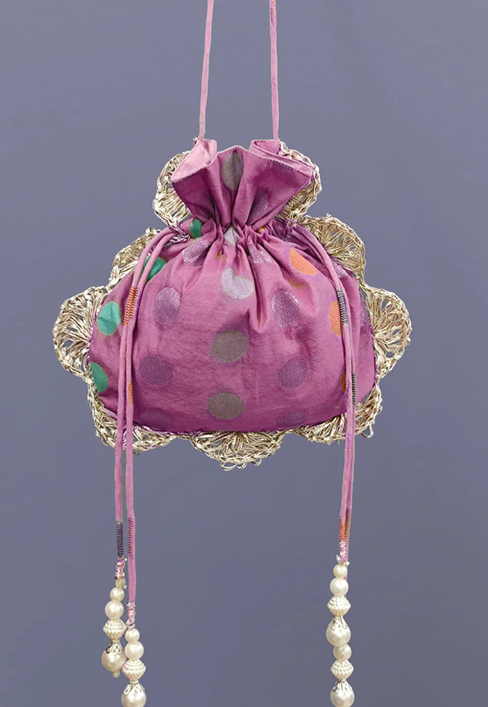 Woven Chanderi Cotton Jacquard Potli Bag in Purple