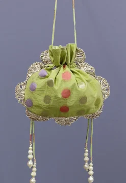 Woven Chanderi Cotton Jacquard Potli Bag in Light Green