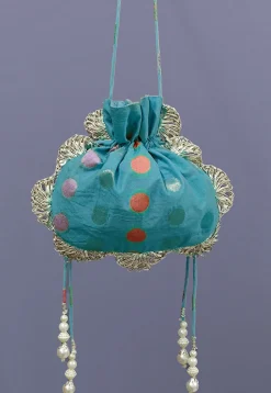 Woven Chanderi Cotton Jacquard Potli Bag in Teal Blue