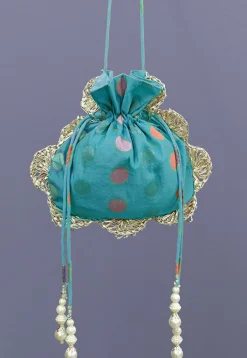 Woven Chanderi Cotton Jacquard Potli Bag in Teal Blue