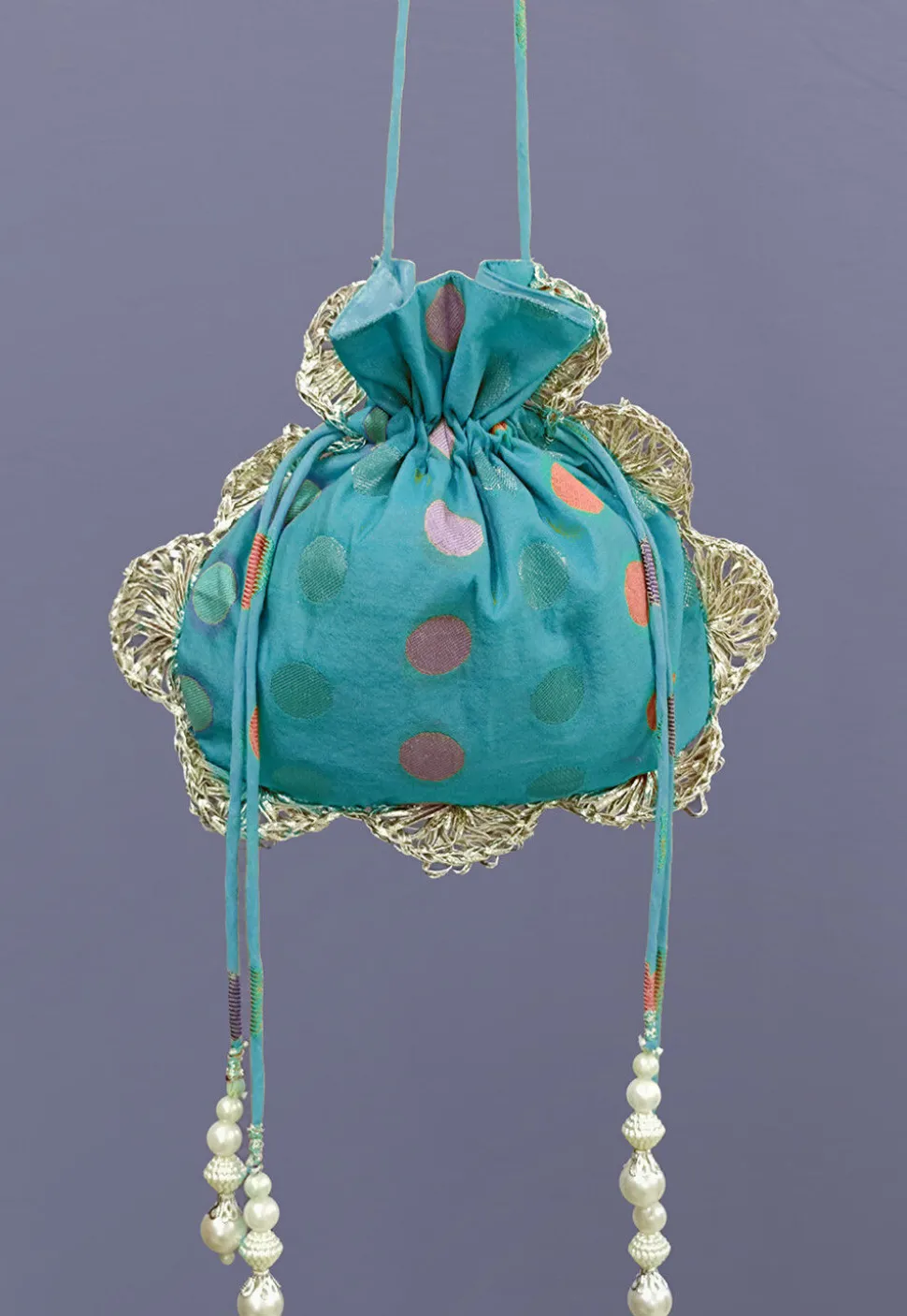 Woven Chanderi Cotton Jacquard Potli Bag in Teal Blue