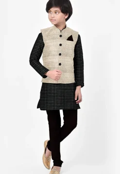 Woven Chanderi Cotton Silk Kurta Jacket Set in Black