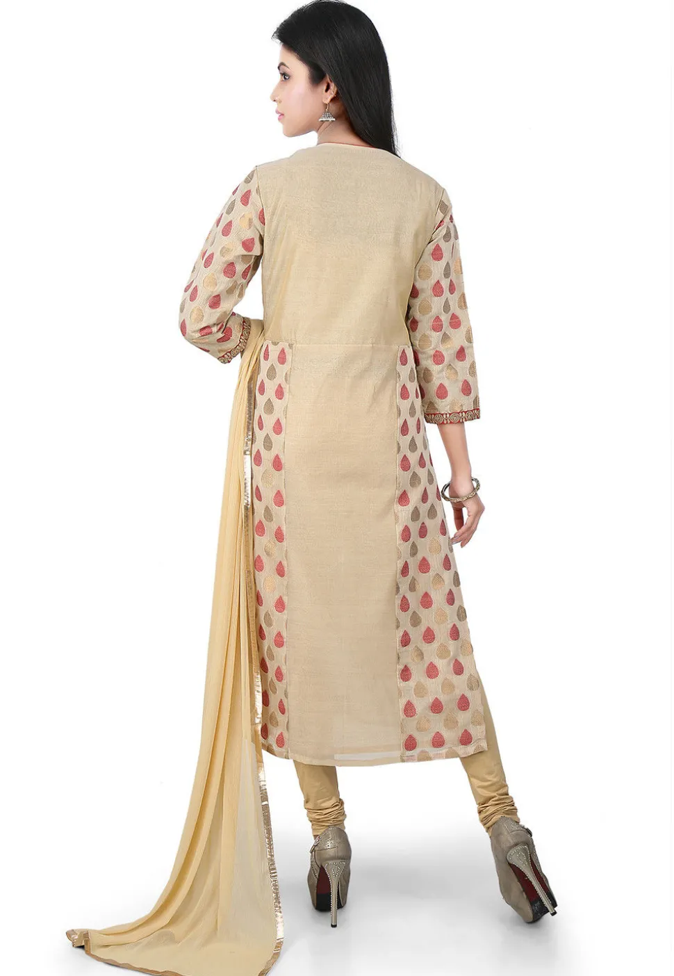 Woven Chanderi Cotton Straight Cut Suit in Beige