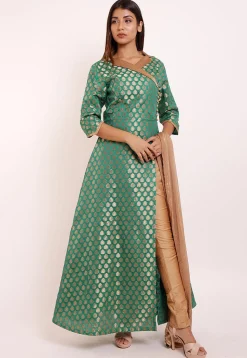 Woven Chanderi Silk Abaya Style Suit in Teal Green