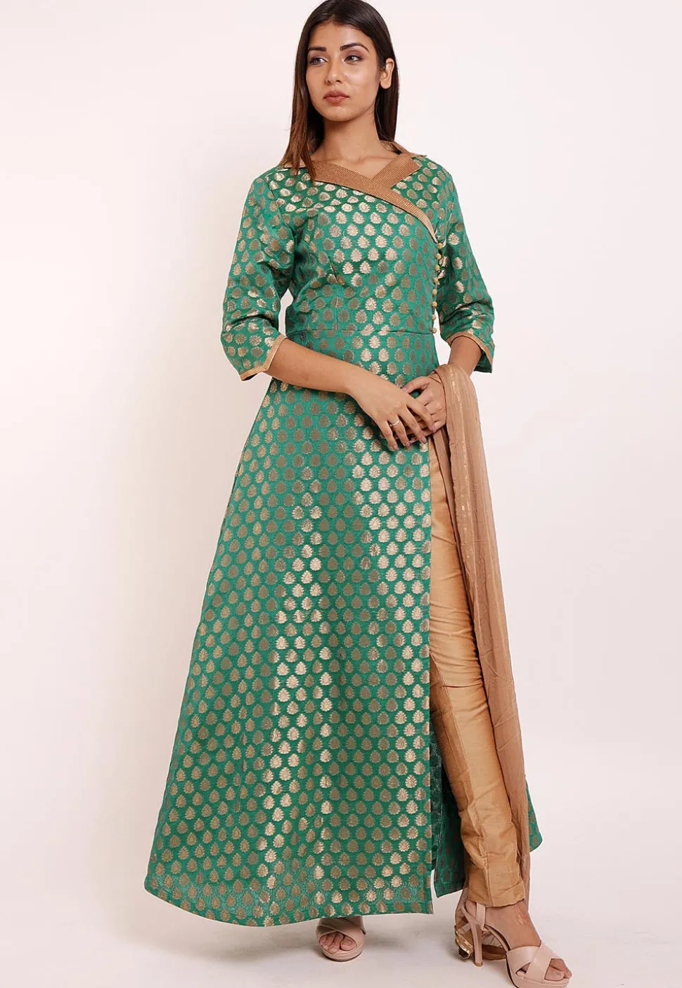 Woven Chanderi Silk Abaya Style Suit in Teal Green