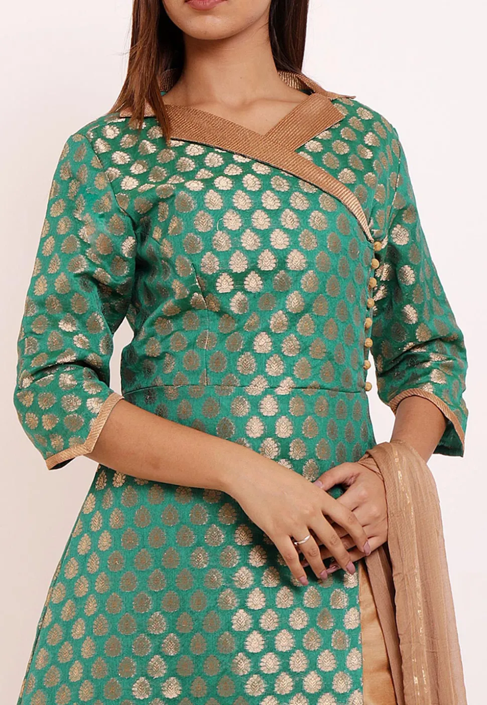 Woven Chanderi Silk Abaya Style Suit in Teal Green