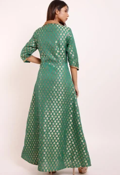 Woven Chanderi Silk Abaya Style Suit in Teal Green