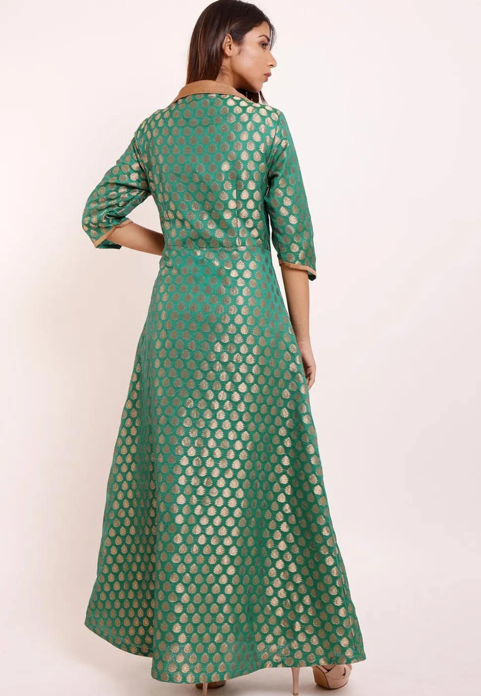 Woven Chanderi Silk Abaya Style Suit in Teal Green