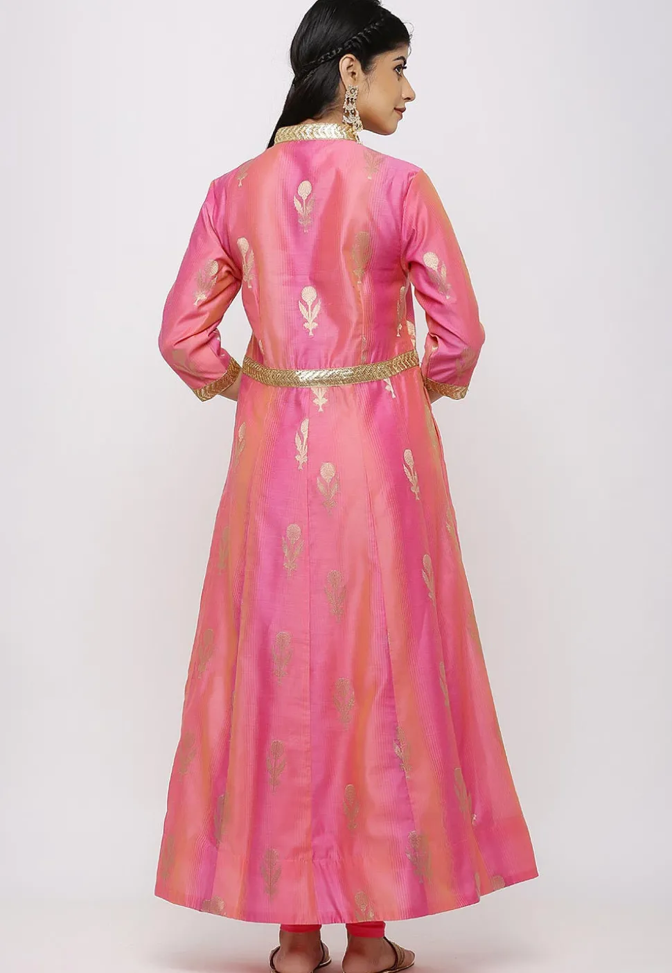 Woven Chanderi Silk Anarkali Suit in Shaded Pink