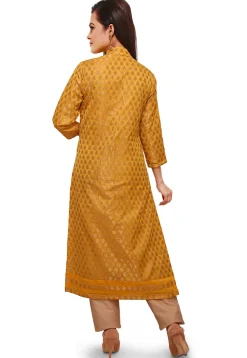 Woven Chanderi Silk Front Slit Long Kurta in Yellow