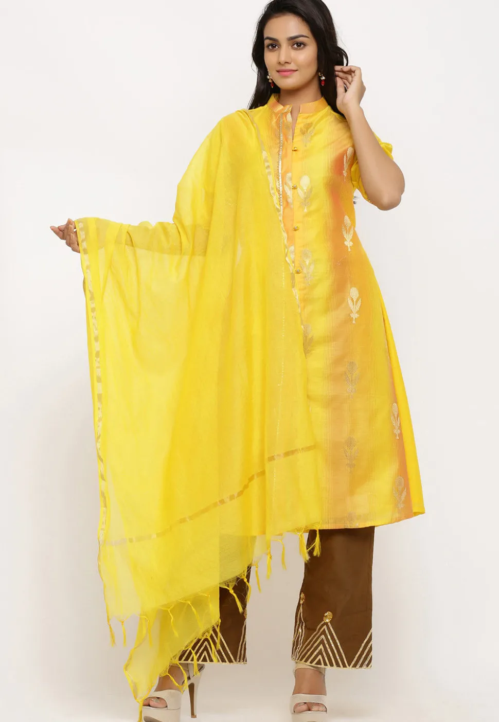 Woven Chanderi Silk Front Open Pakistani Suit in Shaded Yellow