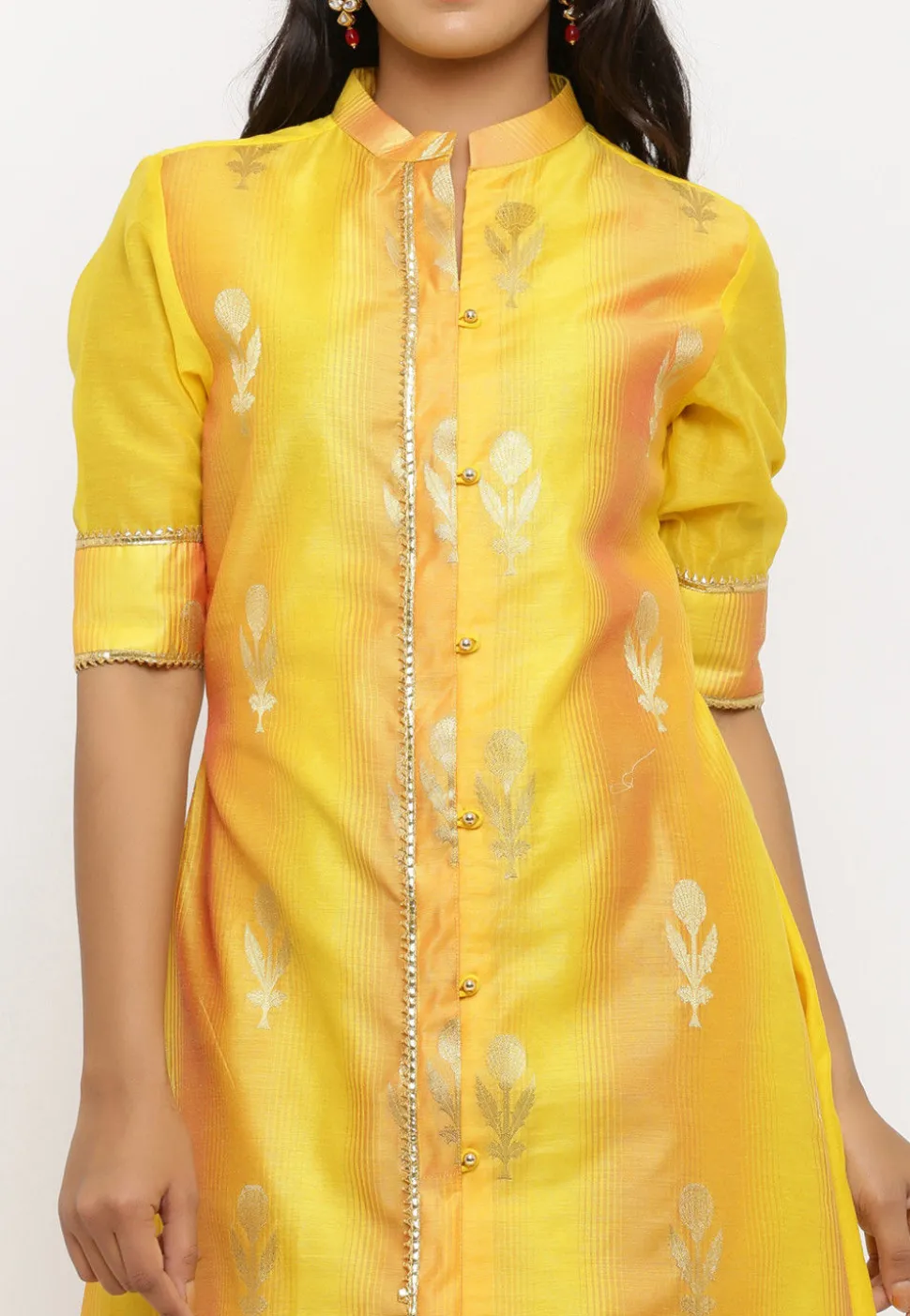Woven Chanderi Silk Front Open Pakistani Suit in Shaded Yellow