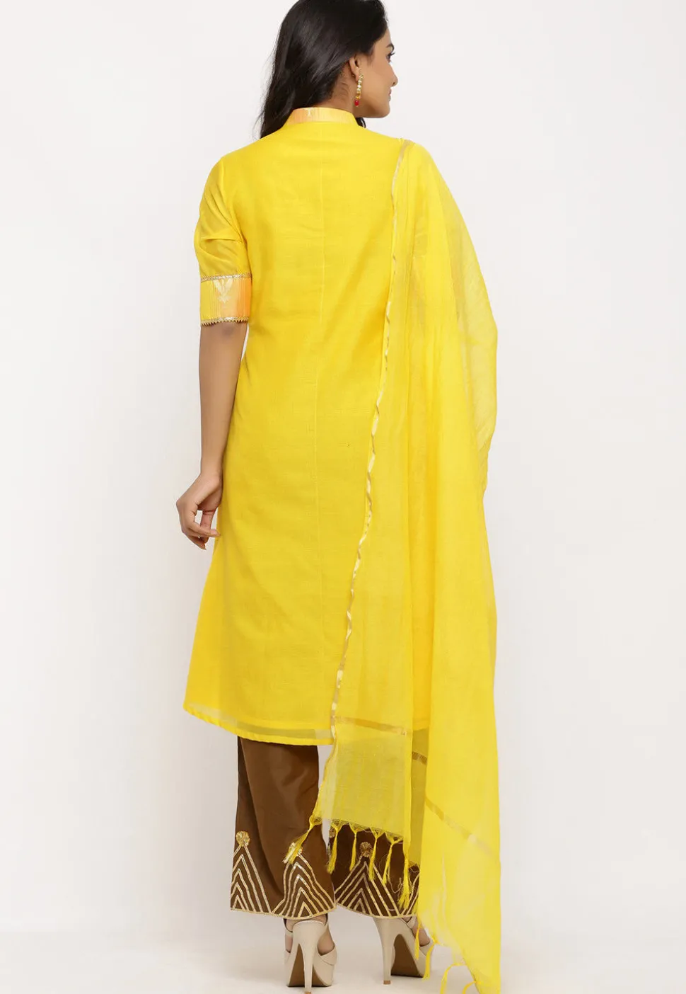 Woven Chanderi Silk Front Open Pakistani Suit in Shaded Yellow