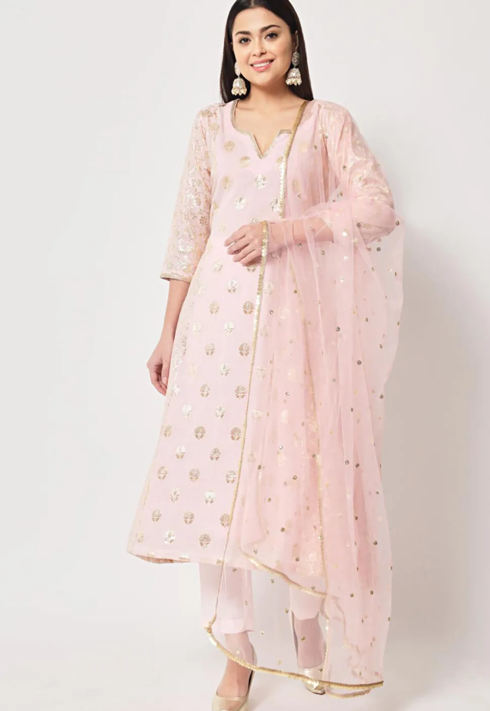 Woven Chanderi Silk Jacquard Pakistani Suit in Light Pink