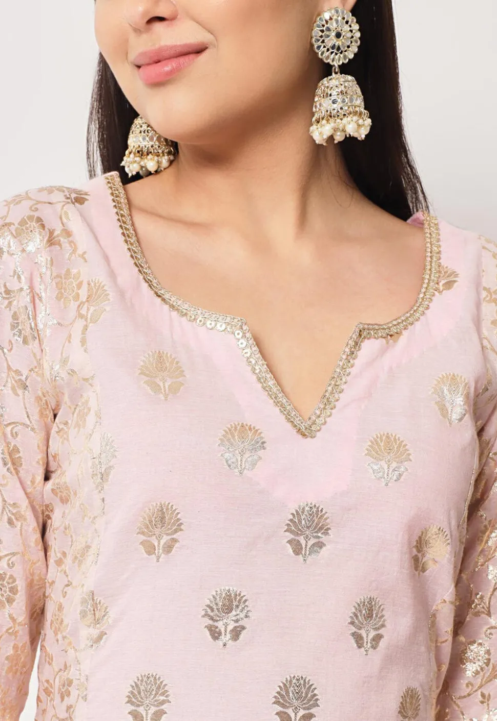 Woven Chanderi Silk Jacquard Pakistani Suit in Light Pink