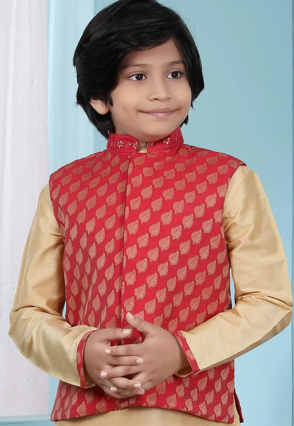 Woven Chanderi Silk Jacquard Nehru Jacket in Red