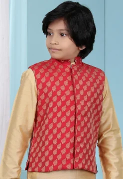 Woven Chanderi Silk Jacquard Nehru Jacket in Red