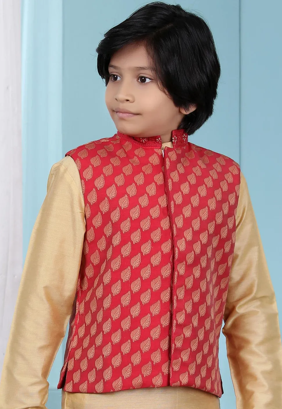 Woven Chanderi Silk Jacquard Nehru Jacket in Red