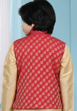 Woven Chanderi Silk Jacquard Nehru Jacket in Red